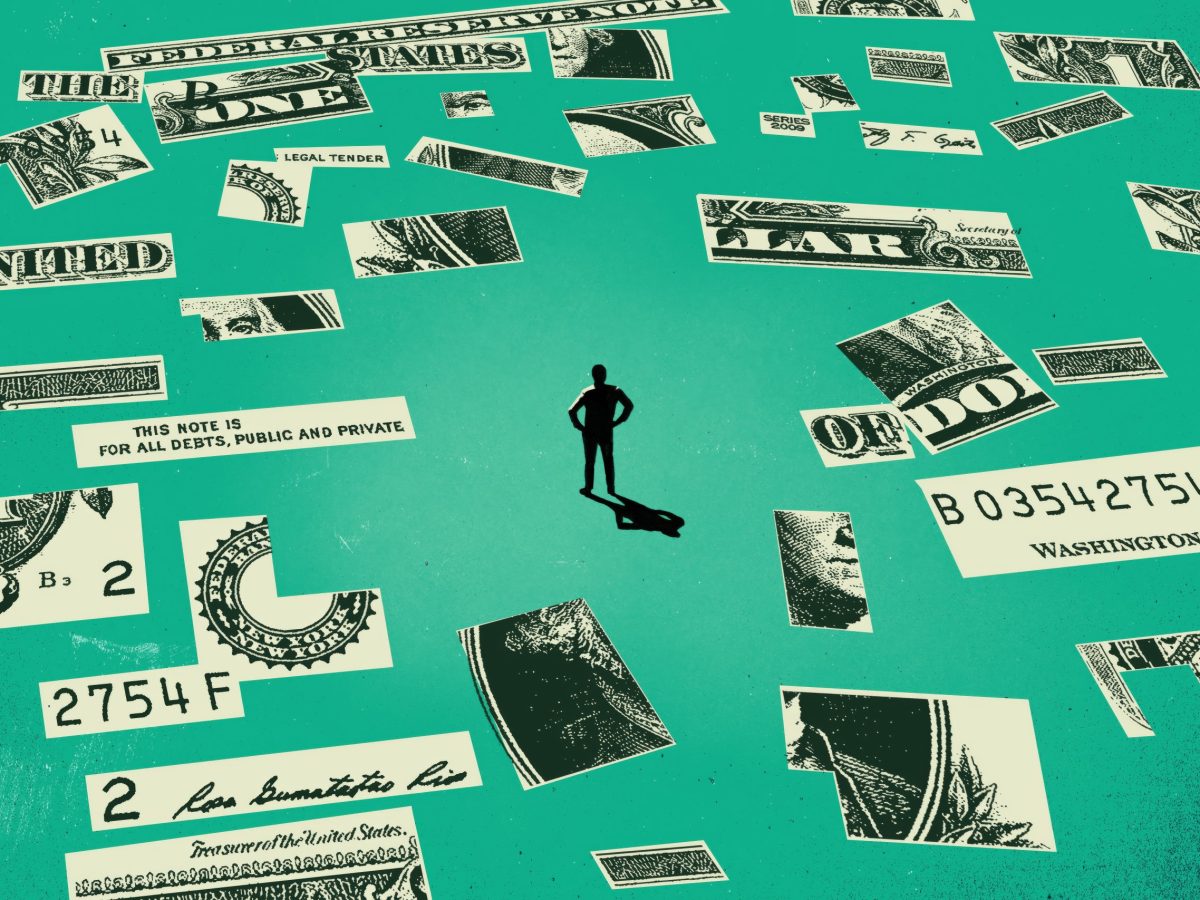 This image shows a conceptual illustration with a figure standing amidst a variety of floating U.S. dollar bill fragments on a teal background. The pieces of currency are scattered in different orientations, creating a sense of disarray and abstraction.