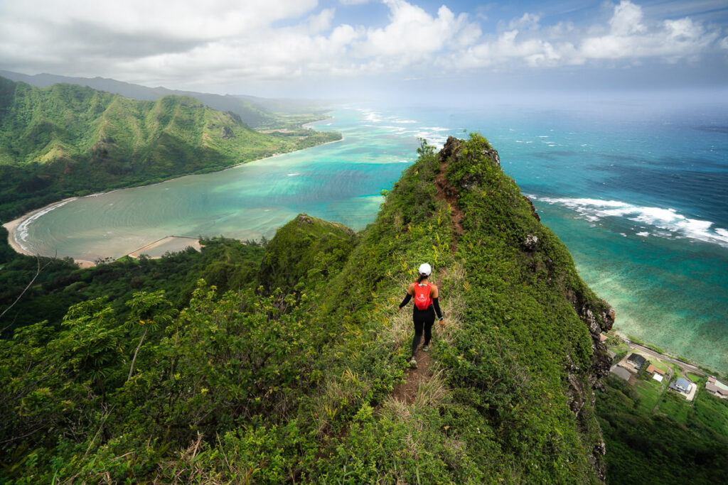 a man hiking up the side of a lush green mountain.