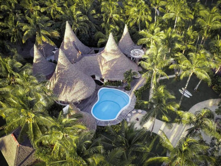 an aerial view of a resort pool surrounded by palm trees